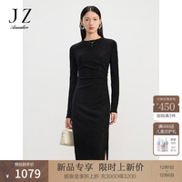 玖姿·安娜蔻优雅简约开叉羊毛提花X型修身连衣裙女2024春季 素黑 S