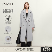 AMII2023冬翻驳领羊驼毛绵羊毛呢外套女配腰带双排扣大衣外套 海欧灰 155/80A/S