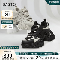 百思图2024春季时尚户外运动老爹鞋厚底女休闲鞋A7788AM4 黑色/白色 34
