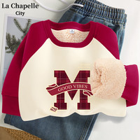 La Chapelle City拉夏贝尔插肩袖加绒卫衣女冬季撞色美式复古羊羔绒上衣 车厘子红-格纹M字母 M
