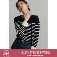 独束大码女装【多色可选】法式风情条纹连帽针织衫女冬羊毛混纺毛衫 黑白条 XXXXL