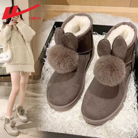 回力雪地靴女款冬季2023皮毛一体雪地棉鞋女冬加绒加厚棉靴女 深棕色【加绒兔耳款】0414 39