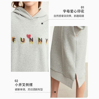 AMII2023冬温暖舒适字母印花连帽不倒绒连衣裙女加绒卫衣裙子 花灰 155/80A/S