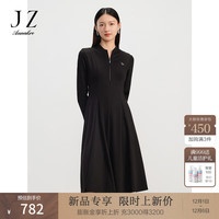 玖姿·安娜蔻浪漫通勤轻运动修身弹力针织连衣裙女2024春季 素黑 S