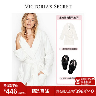 维多利亚的秘密（Victoria's Secret） 时尚保暖舒适系带睡袍家居服拖鞋套装 白色恋人 M/L+L（39-40）