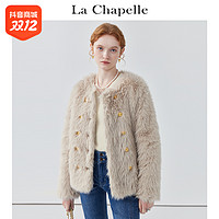 La Chapelle LaChapelle圆领双排扣毛毛外套女气质保暖加厚上衣冬季