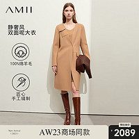 AMII2023冬V领全羊毛斜纹双面呢女不对称毛呢外套显瘦大衣 驼色 155/80A/S