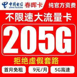 中國電信 CHINA TELECOM 中國電信春暉卡 9元/月205G全國流量卡+首月0元  激活送20元京東E卡