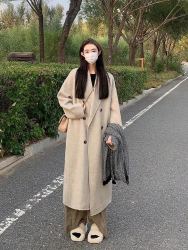 佩茄 韩系毛呢外套女2023爆款秋冬小个子加厚燕麦色中长款呢子大衣