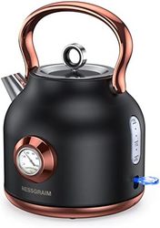 NESSGRAIM 复古电热水壶,1.7 升不锈钢茶壶,带大温度计,1500 瓦快速加热热保护 - Reteo 黑色