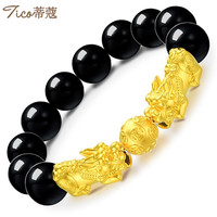 蒂蔻(Tico)黄金转运珠手链男女款足金貔貅铜钱金珠黑玛瑙手串 小版双貔貅金珠【10MM】