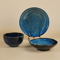 美浓烧 Mino Yaki)日本蓝天目碗碟盘餐具套装日式和风陶瓷餐具组合 18件套