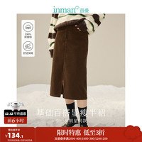 茵曼（INMAN）灯芯绒半身裙冬季女装高腰开衩 深咖啡 L