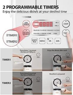 Toshiba 东芝 小型电饭煲 3 杯 Uncooked - 具有 8 种烹饪功能的 LCD 显示屏，Fuzzy Logic 技术，24 小时延迟计时器和自动保温功能，不粘内胆，白色