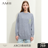 AMII2023冬圆领字母绣花全羊毛毛衣女落肩袖美丽诺羊毛衫上衣 花灰 155/80A/S