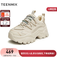 天美意鞋子女商场同款厚底时尚老爹鞋休闲鞋女2024春 杏色(薄绒) 35