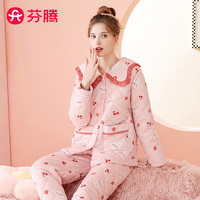 芬腾睡衣女冬夹棉加厚娃娃领小兔开衫暖绒防静电家居服睡衣套装 樱花粉 M