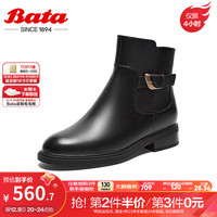 Bata时装靴女商场粗跟百搭牛皮通勤软底短筒靴AKL55DD3 黑色-宽版 35
