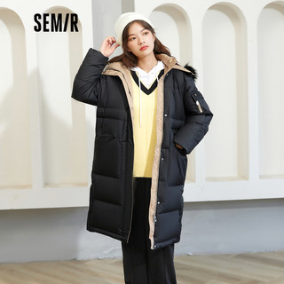Semir 森马 羽绒服女中长款冬季宽松保暖外套工装风亮面 A款大毛领撞色-黑色9000 160/84A/M