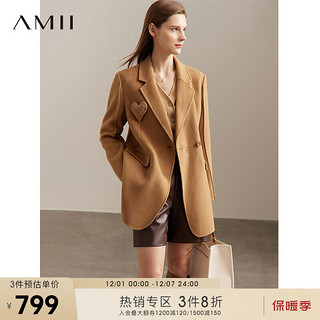 AMII2023冬西装领爱心装饰全羊毛双面呢大衣女通勤外套上衣 驼色 165/88A/L