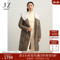 玖姿·安娜蔻连帽领落肩颗粒羊毛女装PU风衣皮衣女 驼色 M