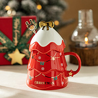 摩登主妇 圣诞马克杯创意陶瓷杯子带盖咖啡杯家用水杯 圣诞杯红