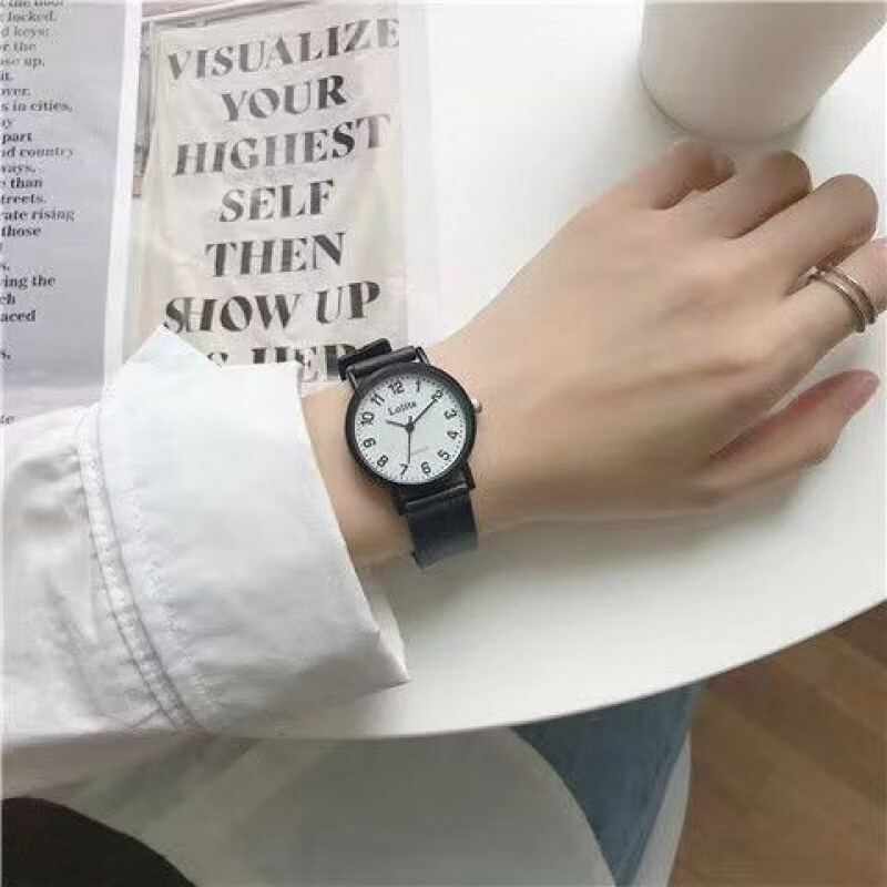 朴里 考试表静音ins简约复古皮带手表森系轻奢初高中生b-4-17 小白 礼盒+手表+电池