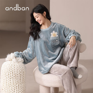 安之伴睡衣女晚秋冬法兰绒保暖厚款圆领可爱小花可外穿女士家居服套装 冰兰 M