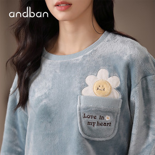 安之伴睡衣女晚秋冬法兰绒保暖厚款圆领可爱小花可外穿女士家居服套装 冰兰 M