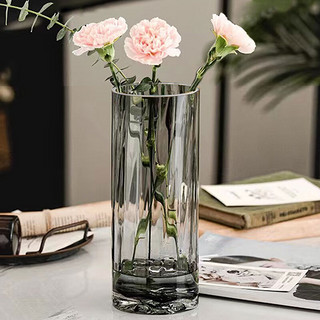 墨斗鱼 玻璃花瓶假花仿真花插花摆件富贵竹水培植物灰色直筒条纹花瓶1571