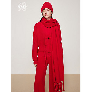 鄂尔多斯1980抗静电 粗纺羊绒双畦女长围巾简约时尚 大红 200cmX50cm