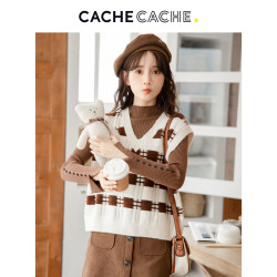 CACHE CACHE 捉迷藏 针织马甲女秋冬2023新款宽松时尚气质坎肩v领外穿背心