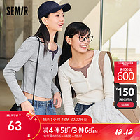 森马（Semir）长袖T恤女短款假两件BM风2024春拼色紧身正肩针织衫显瘦 中花灰00510 150/76A/XS