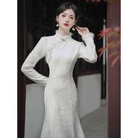 BTTKDL新中式秋冬季复古温柔风暗纹加绒毛边改良优雅鱼尾旗袍气质长裙 米白色 加绒加厚 S