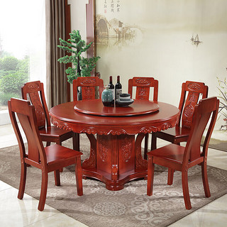 莱仕达实木餐桌椅组合家用仿古中式大圆桌酒店吃饭桌子带转盘Y03 1.8+12