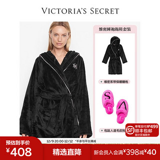 维多利亚的秘密（Victoria's Secret） 时尚保暖舒适系带睡袍家居服拖鞋套装 黑夜精灵 M/L+L（39-40）