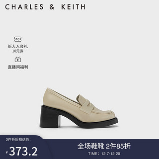 CHARLES&KEITH23冬季复古简约粗跟高跟乐福鞋女CK1-60920357 粉白色Chalk 36