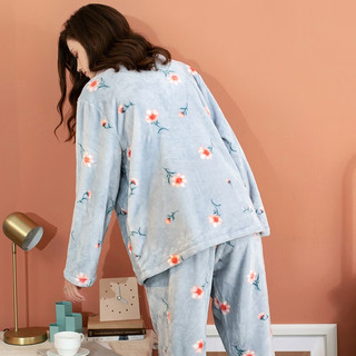 芬腾 睡衣女长袖珊瑚绒保暖舒适开衫家居服套装 灰兰 M