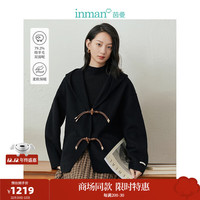 茵曼（INMAN）连帽双面呢外套女装牛角扣宽松上衣 午夜黑 M
