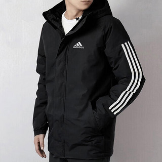 阿迪达斯（adidas）棉服男服 冬季户外运动服加厚防寒保暖夹克连帽外套上衣 黑色连帽棉服/经典款三条纹 XS