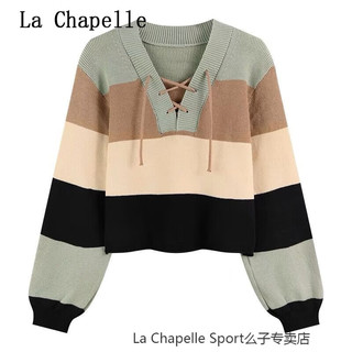 La Chapelle Sport 拉夏贝尔撞色v领针织衫女秋冬设计感小众慵懒风针织衫宽松上衣服 绿色 均码