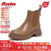 Bata 拔佳 切尔西靴女2023冬商场英伦风牛皮粗跟通勤短筒靴38058DD3 棕色-单里 35