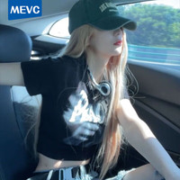 MEVC美式复古短袖正肩t恤女夏季设计感小众辣妹修身露脐短款上衣 黑 L_90-105斤