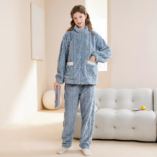 芬腾睡衣女20立领厚实双面暖绒可外穿家居服女睡衣套装 浅兰 XXL