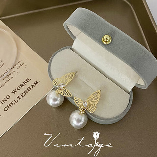 TMOWO 925银法式vintage复古感不对称设计蝴蝶珍珠耳环