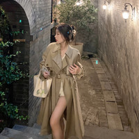 ByYou 秋冬高级感中长款卡其色风衣外套女夹棉英伦风休闲大衣