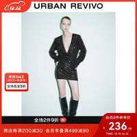 UR冬女装时尚法式气质风亮片V领长袖连衣裙UWJ730030 正黑 S