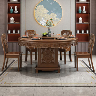 莱仕达实木餐桌椅组合家用仿古中式大圆桌酒店吃饭桌子带转盘Y01 1.3+8