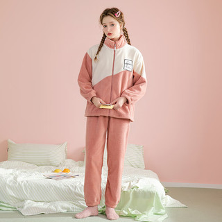芬腾睡衣冬立领珊瑚绒保暖运动风防静电家居服睡衣套装 藕粉-女款 S