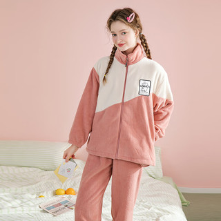 芬腾睡衣冬立领珊瑚绒保暖运动风防静电家居服睡衣套装 藕粉-女款 S